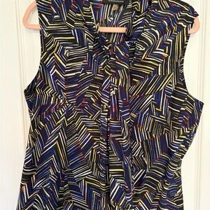 Evan Picone Navy Black Multi-Stripe Sleeveless Tie-Neck Blouse
